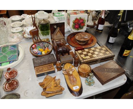 A collection of various wooden items to include book ends, trinket boxes, chess board etc.