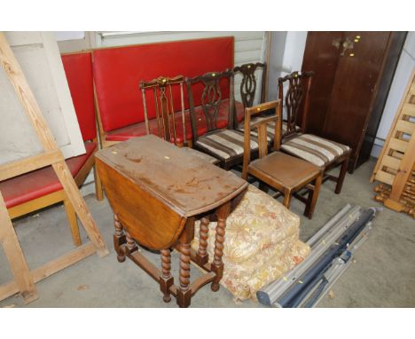 An oak drop leaf table, three Chippendale style chairs, a dining chair, bedroom chair and footstool 