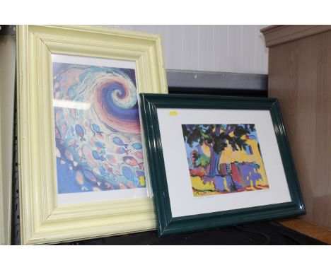 A framed coloured print 'A Shady Corner' and a surrealist print