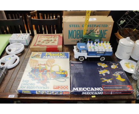 A tin plate toy crane, a Tri-ang toy milk float, two boxes of Meccano, a Bayko building set 