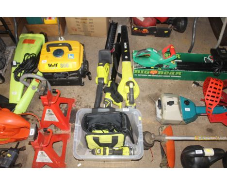 A quantity of cordless Ryobi units, a rotary hammer drill, Ryobi OPT1845 cordless hedge trimmer unit, a Ryobi extender pole t