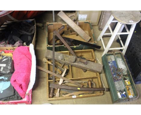 A quantity of various vintage tools including large wooden smoothing plane, hand brace, wooden T squares and bow saw etc 