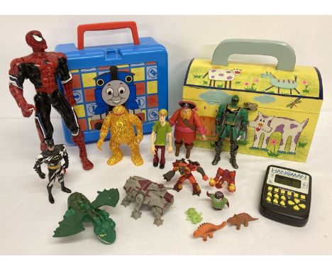 A quantity of misc. vintage toys to include painted wooden box and poseable play figures.  Lot includes 2002 Zak designs hard