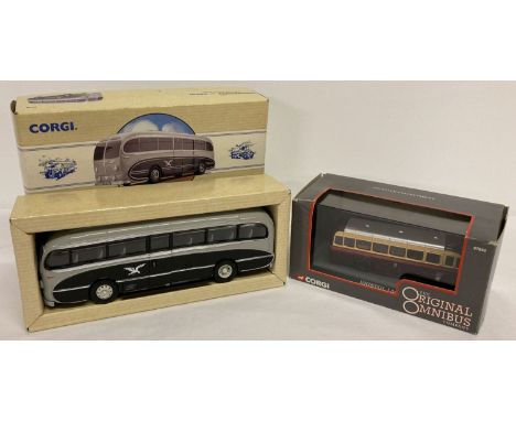 2 boxed Corgi buses, #97170 Classic Commercials Burlingham Seagull Woods, 1993.  Together with 1:76 scale The Original Omnibu