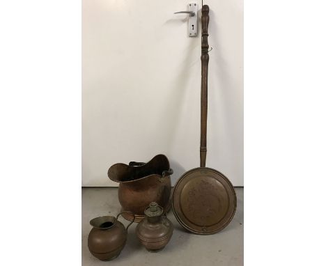 A vintage wooden handled copper bed pan with bird decoration to front.  Together with a vintage copper coal scuttle, vintage 