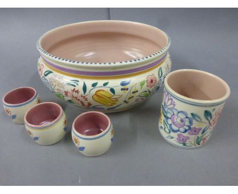 Art Deco style Poole Pottery, five pieces to include bowl/centre piece, 3 x egg cups and preserve jar