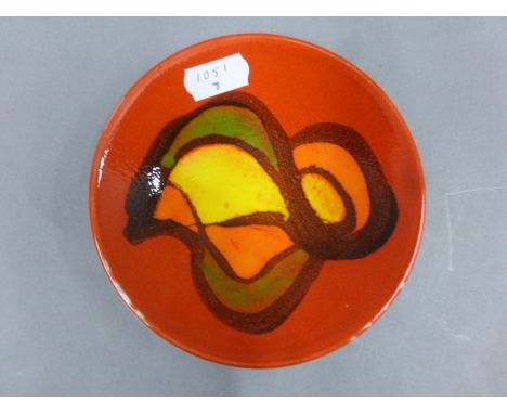 Poole Pottery Delphis pin dish with red base colour, 12.5cm in diameter 