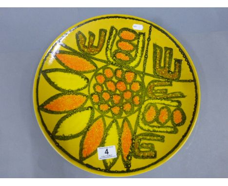 Poole Pottery Delphis charger shape 5 in yellow ground with orange, 36.5cm in diameter, vg