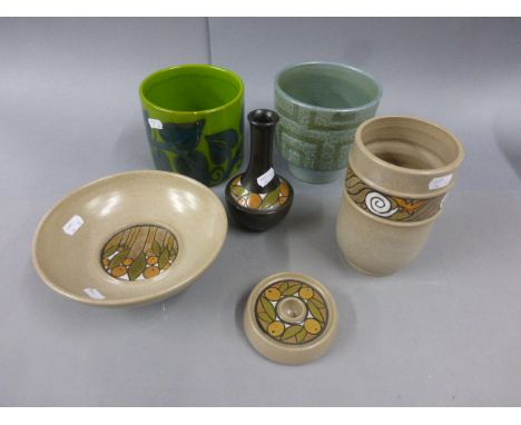 Six items of Poole Pottery to include 2 x plant pots (one with crack), 2 x vase, candlestick holder and footed bowl