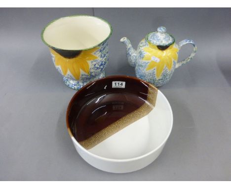 Three items Poole Pottery to include bowl marked  no 96, and a matching Sunflowers teapot & plant pot