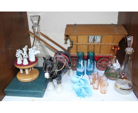 SECTION 15.  A wooden gypsy caravan with shire horse, together with a pair of Mary Gregory 'style' blue and white posy vases,