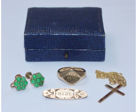 A 9ct gold signet ring, crucifix and chain, 8 grams, together with gold-fronted brooch and a pair of 14K gold earrings with s