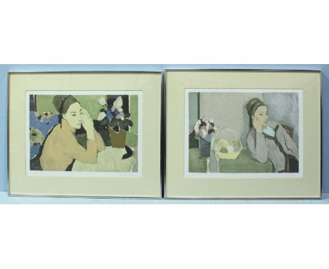 A set of three 'Gauguin style' portrait studies depicting ladies sat at tables. Indistinctly signed, limited edition print nu