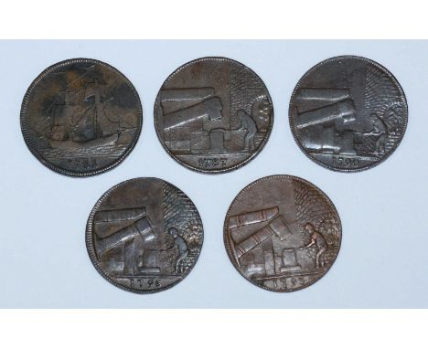 Five 18th Century Copper Halfpenny Provincial Tokens (All Warwickshire and John Wilkinson or Wilkenson): 'Sailing Ship' 1788,