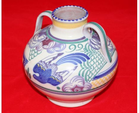A Poole Pottery 'Blue Bird' pattern two handled vase, with Carter Stabler Adams Ltd impressed mark to base. 16cm high.