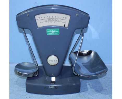 A set of grey 'Avery' balance scales 46cm high, together with a graduated set of metal weights.