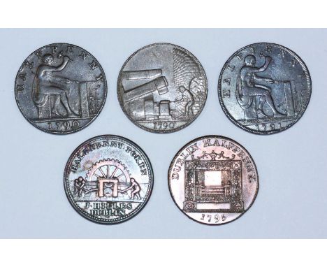 Five 18th Century Copper Halfpenny Provincial Tokens: Inc three Warwickshire, John Wilkinson, 'Vulcan Seated,' 1790, D&H430, 