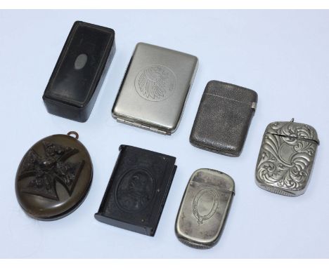 A silver vesta case, together with two white metal vesta cases, white metal stamp case, Edward VII commemorative vesta case, 