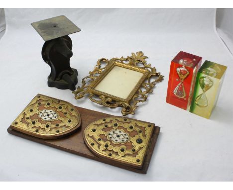 A wooden book stand with two hinged flaps with applied brass decoration, together with a gilt-metal picture frame, a set of s