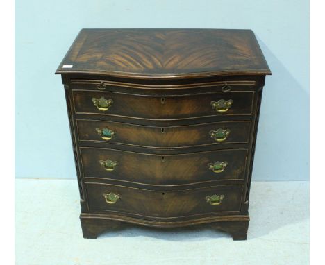 A stained serpentine chest of four long graduated drawers, with brushing slide and raised on shaped bracket feet. 71.5cm.