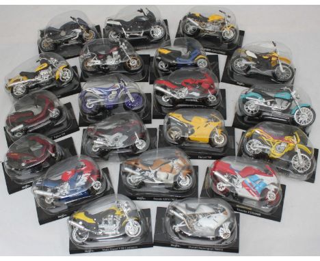 Twenty 'Maisto' scale model motorcycles, including a Honda CBR600F and a Ducati 748 etc. all in original packaging.