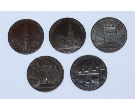 Five 18th Century Copper Halfpenny Provincial Tokens (All Coventry, Warwickshire, P. Kempson): 'Grey Friar's Steeple,' 1797, 