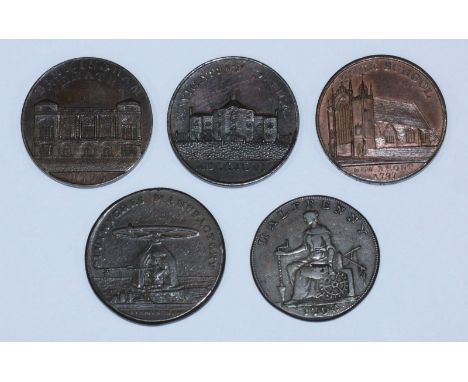 Five 18th Century Copper Halfpenny Provincial Tokens (All Warwickshire): Birmingham, P. Kempson, "Birmingham Theatre' 1795, D