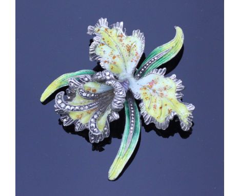 A white metal, enamel and marcasite brooch modelled as an orchid.