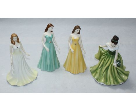 Four Royal Doulton ceramic figures of ladies including 'Leo HN.5340,' 'Gemini HN.5344,' 'Pearl' and 'Mistletoe Affection HN.5