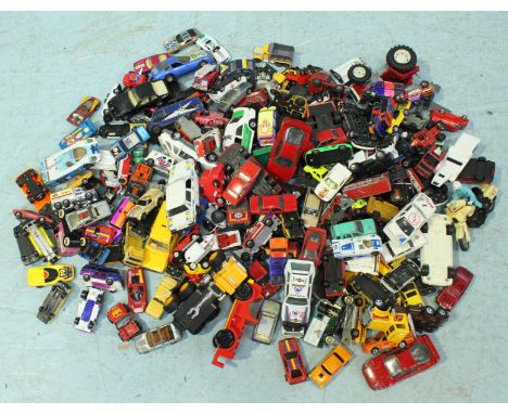 A large quantity of loose scale model toy cars, all unboxed and in 'played with' condition.