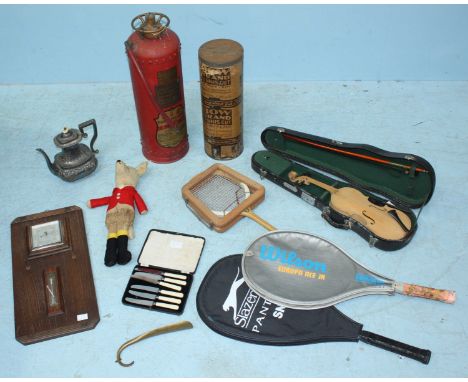 A vintage 'L & G' fire extinguisher and a 'Bow Brand Tennis Gut' cylindrical lidded box, together with a stripped violin in c