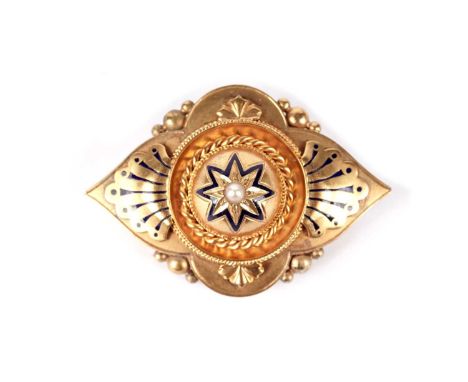 A 9ct yellow gold Etruscan revival brooch, the central half-pearl within blue-enamel star flanked by further blue enamel high