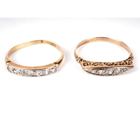 Two diamond dress rings, one of navette form, with foliate moulded sides, sizes M 1/2 and K 1/2 respectively, 3.4g gross, ear