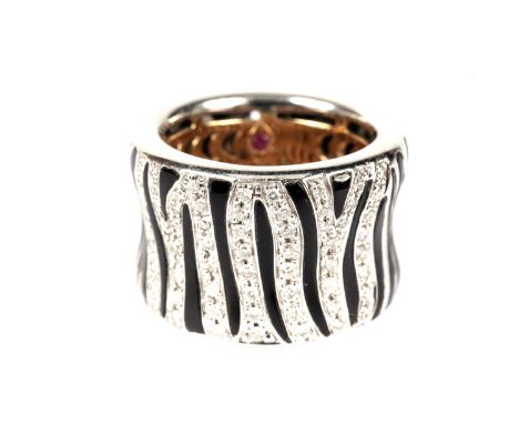 Roberto Coin: an 18ct white gold, black enamel and diamond 'Zebra' ring, decorated with zebra stiped design part set with bri