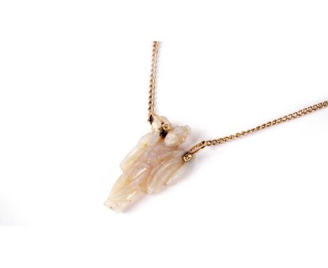 A Chinese carved opal pendant of a sage holding a lotus flower, on 15ct yellow gold cable link chain, the pendant 35mm high, 