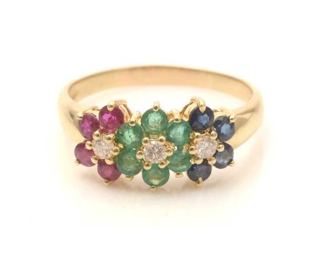 A ruby, sapphire, emerald and diamond triple cluster ring, set with four rubies, four sapphires and size emeralds, all circul