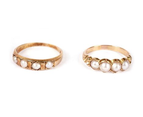 Two antique pearl dress rings, one marked 18, for 18ct gold, sizes J 1/2, and K 1/2, 5.6g gross.