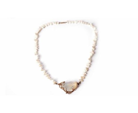 A baroque pearl and water opal necklace, the opal (damaged) in 9ct yellow gold mount, held by baroque pearl necklace, 38cms l