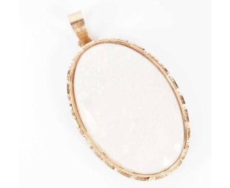 A white opal pendant, the oval opal cabochon measuring 30 x 19mm, in gold collet mount with Greek-key design, engraved '18k' 