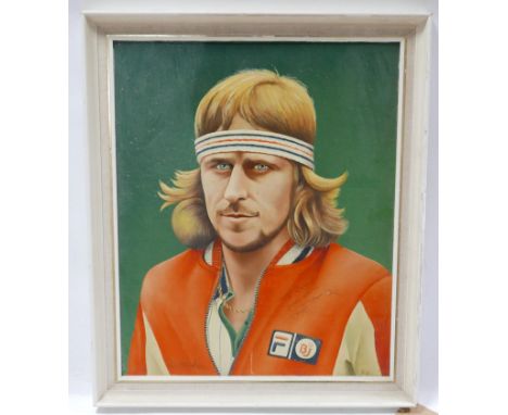 Peter Billingham, Portrait of Björn Borg, oil on board, signed lower right, bears signature for Björn Borg, 55 x 45cm 