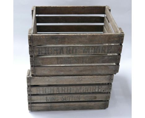 Two vintage wooden fruit boxes, H.28 W.43 D.52cm (2) 