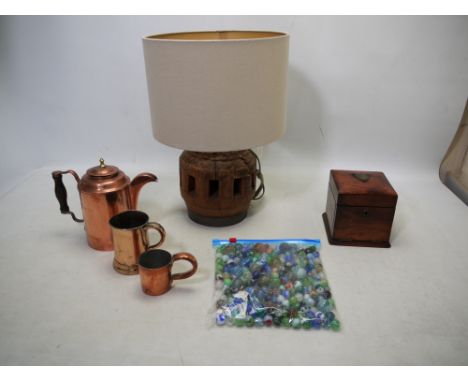 A mixed lot to include: A lockable wooden jewellery box with opening front to reveal a drawer, copper pot and tankards, a lar