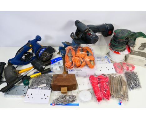 Lot to include a Power Craft circular saw, Bosch sander, various hand tools, straps and similar. [W]