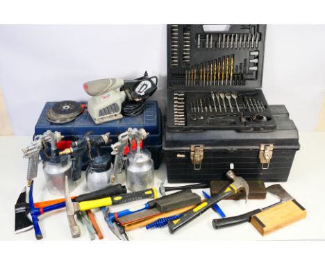 A collection of tools comprising a drill bit set, various hand tools, three spray guns to include Binks Bullows and other. [2