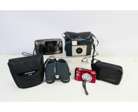 A small quantity of cameras and binoculars to include an Olympus Trip MD2 and other. [W]