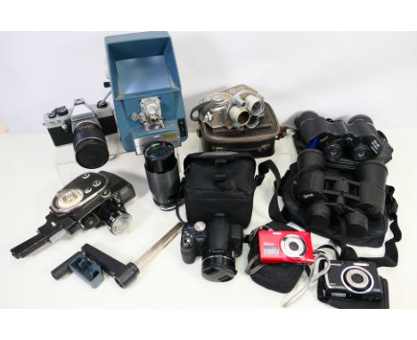 Photography - Cameras and accessories to include Praktica TL3, Panasonic and other and two pairs of cased binoculars. [W]