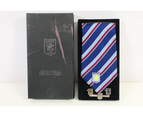 Football Item, Official Aston Villa Tie, Tie pin and cufflink set 1990s well presented in box (1) Very Good
