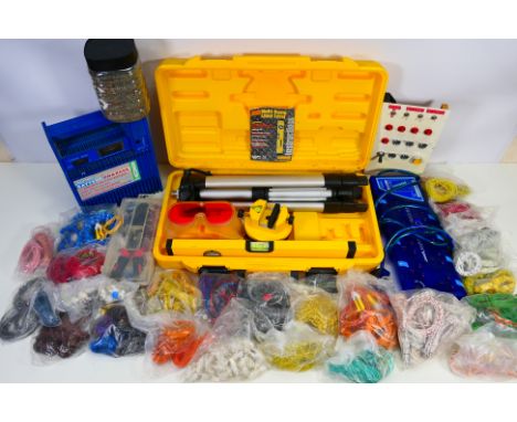 Lot to include various electrical wires and connectors, a Halfords battery charger and a multi beam laser level. [W]