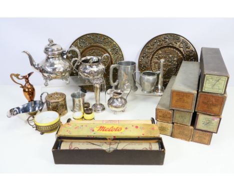 A collection of metalware to include plated, brass, pewter and similar and a quantity of piano rolls. [2]. [W]