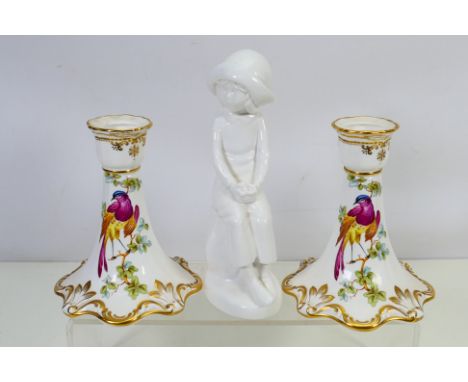 Spode - A figure depicting a young girl, modelled by Pauline Shone, Joanna and a pair of candlesticks decorated in the Chelse